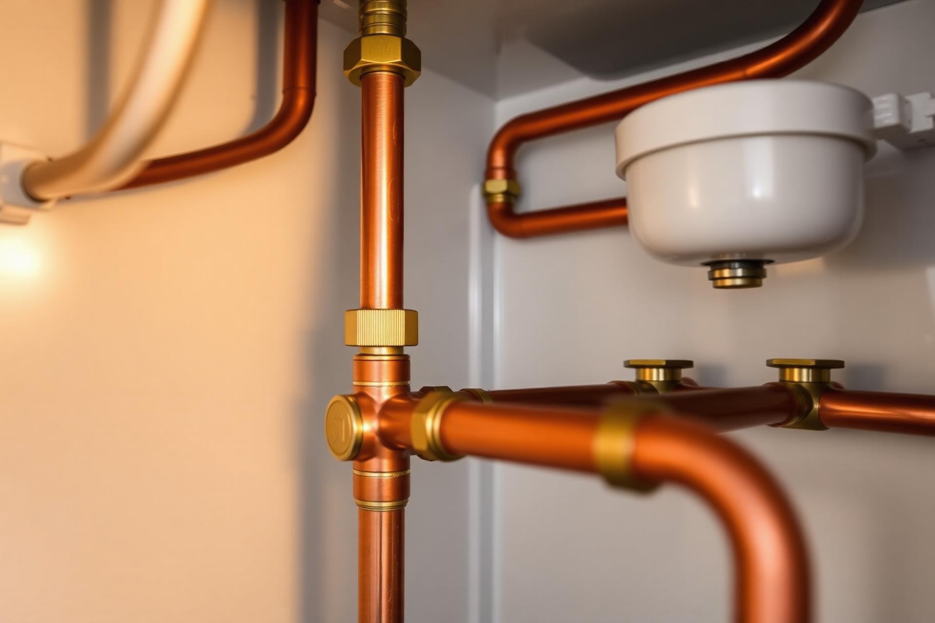 New copper plumbing pipework with brass compression fittings and isolation valves in a London utility cupboard