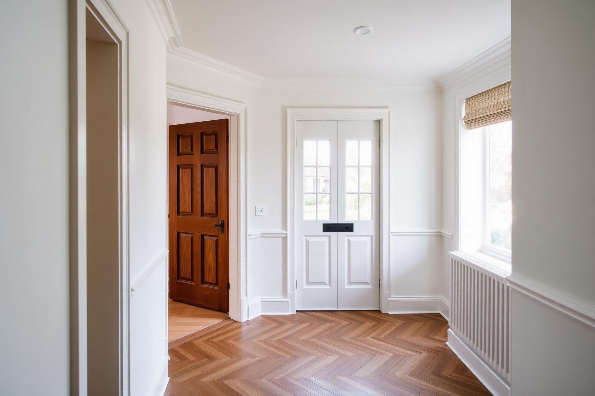 Refurbished London period home hallway with freshly painted walls, restored skirting and herringbone oak flooring